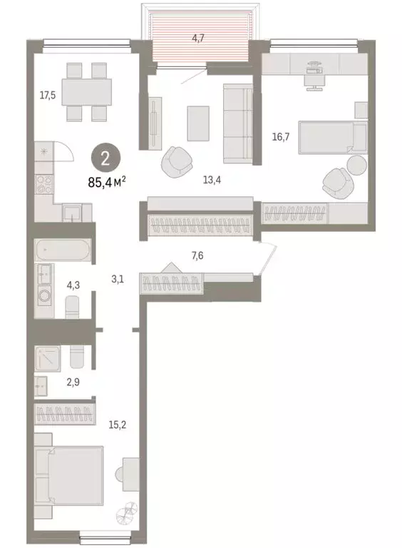 2-комнатная квартира: Тюмень, Мысовская улица, 26к1 (85.35 м) - Фото 1