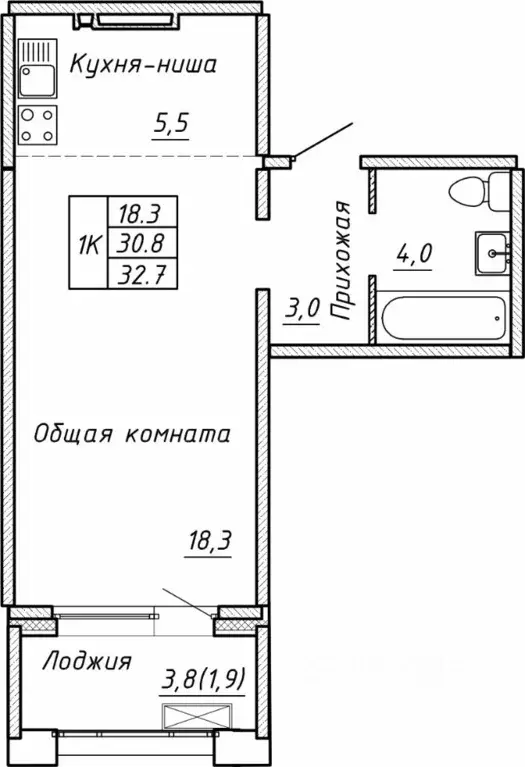 Свободной планировки кв. Новосибирская область, Новосибирск  (32.7 м) - Фото 0