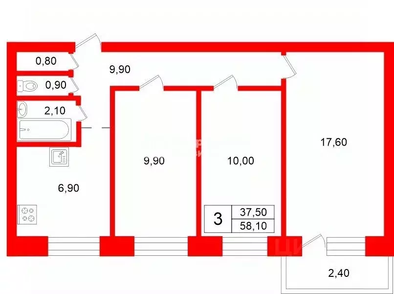 3-к кв. Санкт-Петербург Горелово тер., ул. Школьная, 43 (58.1 м) - Фото 2