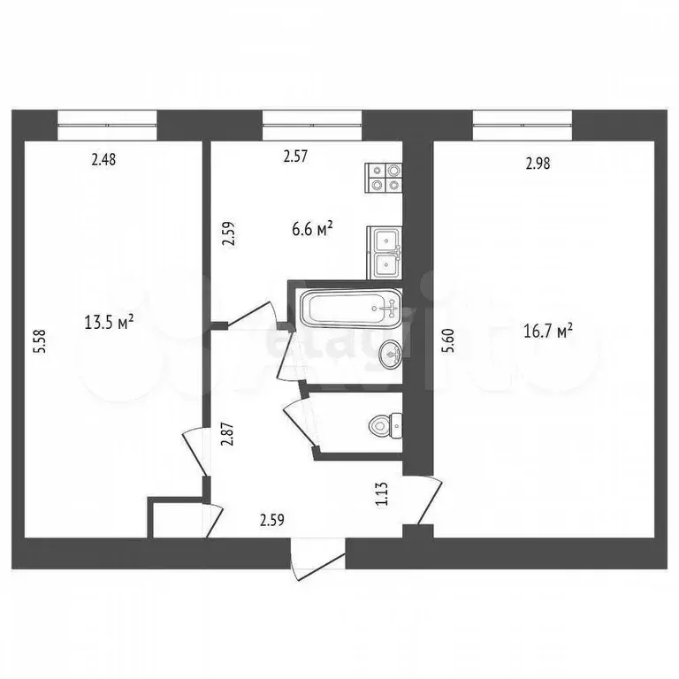 2-к. квартира, 42 м, 1/5 эт. - Фото 0
