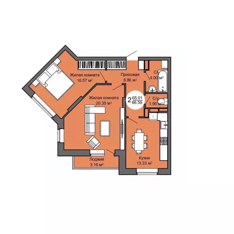 2-к кв. Орловская область, Орел Межквартальная ул., 3 (66.2 м) - Фото 1