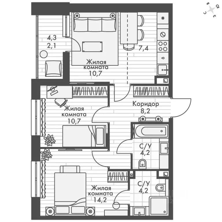 3-к кв. Татарстан, Зеленодольский район, Октябрьское с/пос, пос. ... - Фото 2