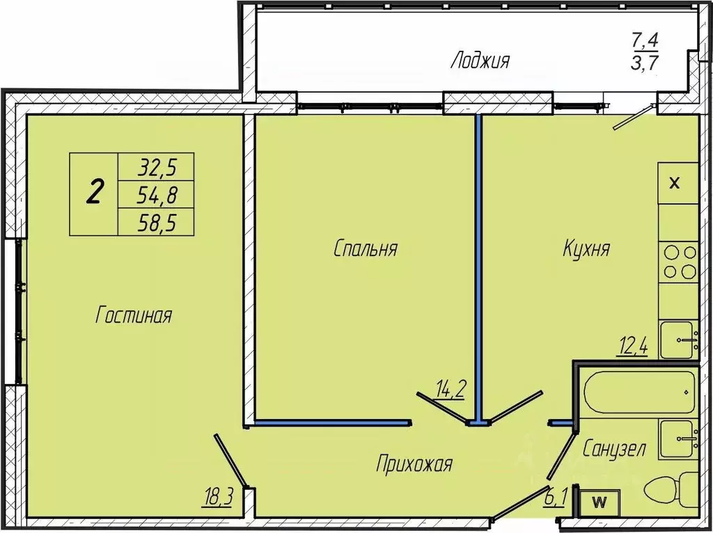 2-к кв. Кемеровская область, Кемерово просп. Притомский, 30А (58.5 м) - Фото 1