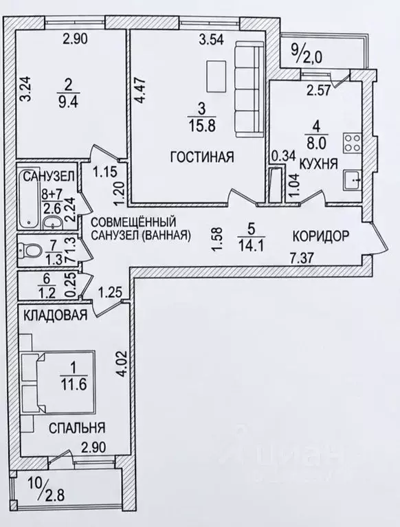 3-к кв. Башкортостан, Уфа Комсомольская ул., 143/1 (64.0 м) - Фото 2