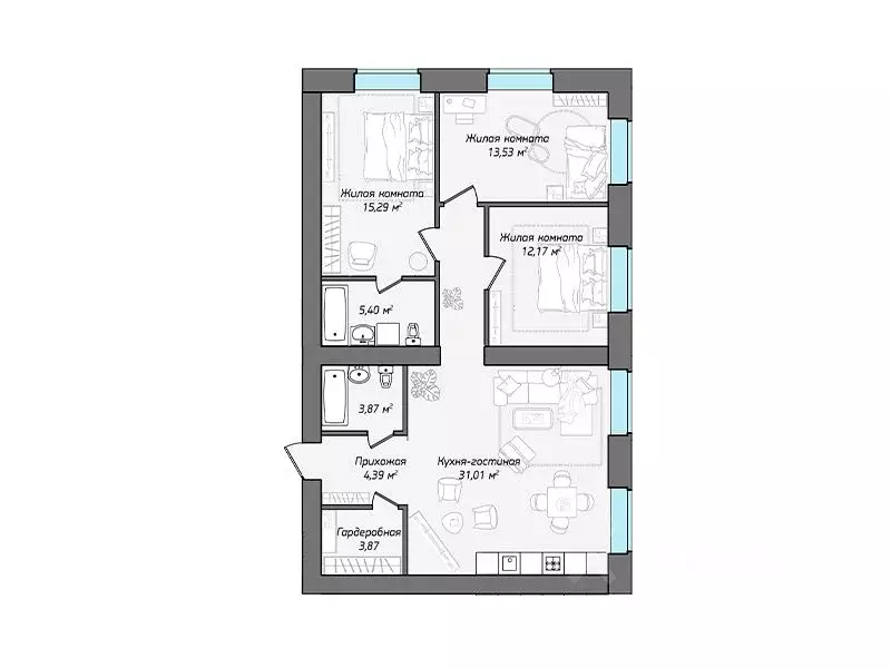 4-к кв. Чувашия, Чебоксары ул. Фридриха Энгельса, поз7 (94.64 м) - Фото 1