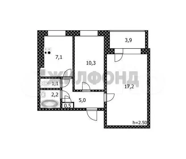 2-к. квартира, 43,4 м, 2/9 эт. - Фото 0