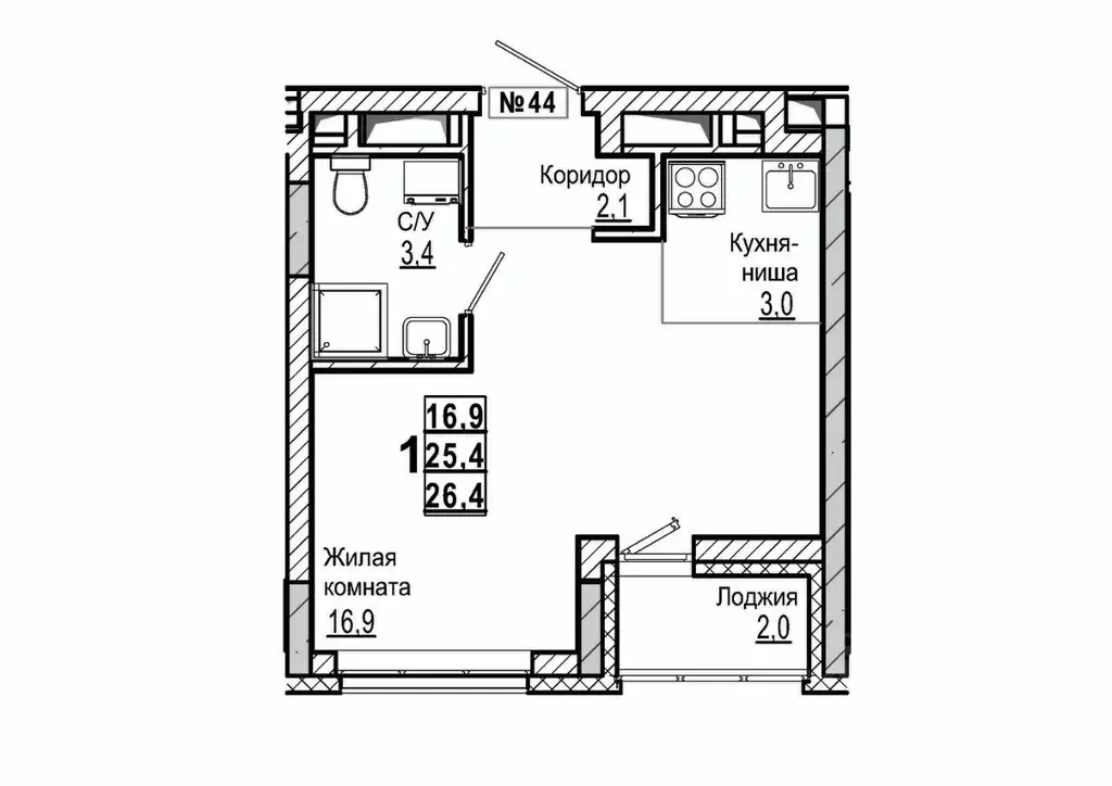 Студия Нижегородская область, Дзержинск 56-й кв-л,  (26.4 м) - Фото 1