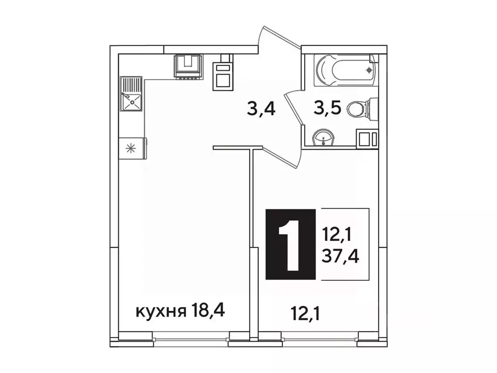 1-к кв. Краснодарский край, Краснодар Самолет-6 жилой комплекс (37.4 ... - Фото 1