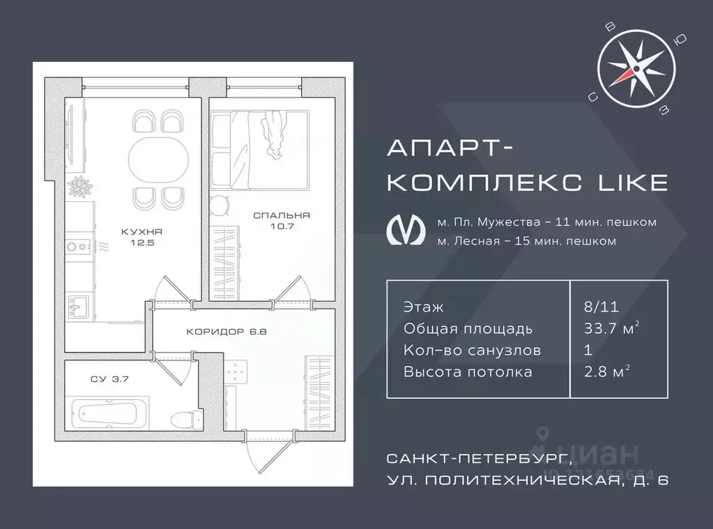 1-к кв. Санкт-Петербург Политехническая ул., 6 (33.7 м) - Фото 2