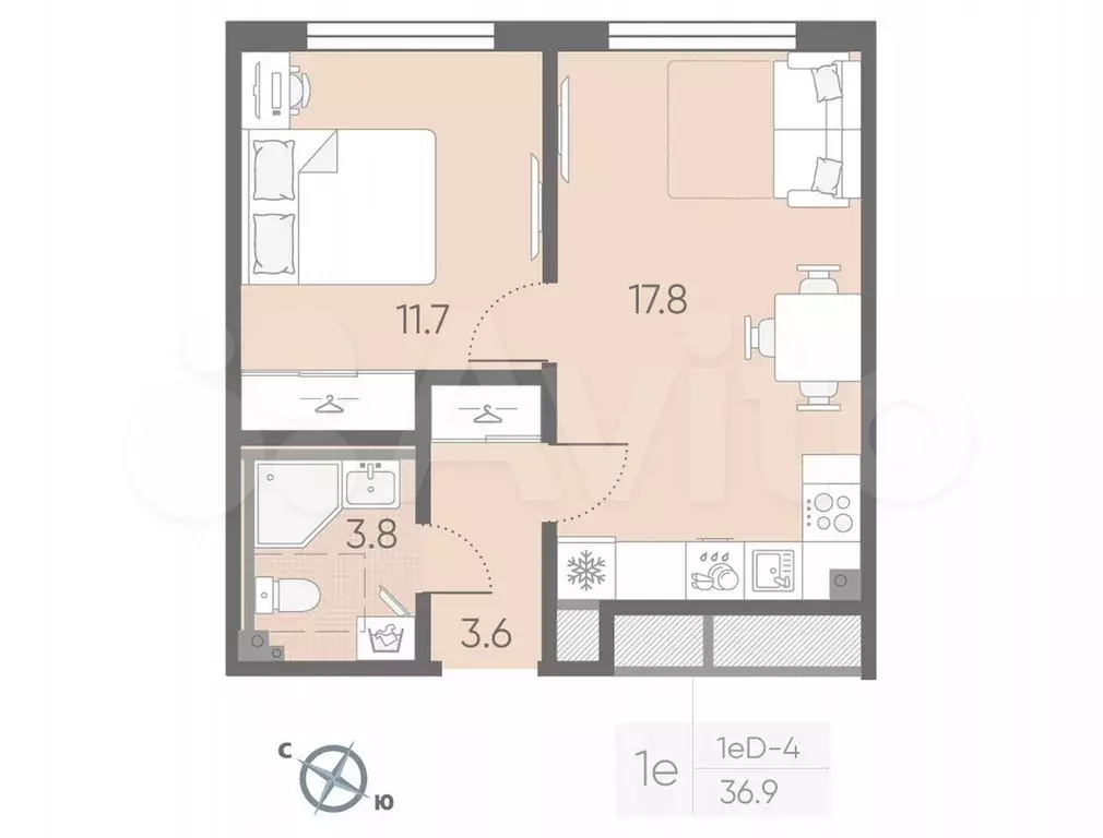 1-к. квартира, 36,9 м, 3/4 эт. - Фото 0