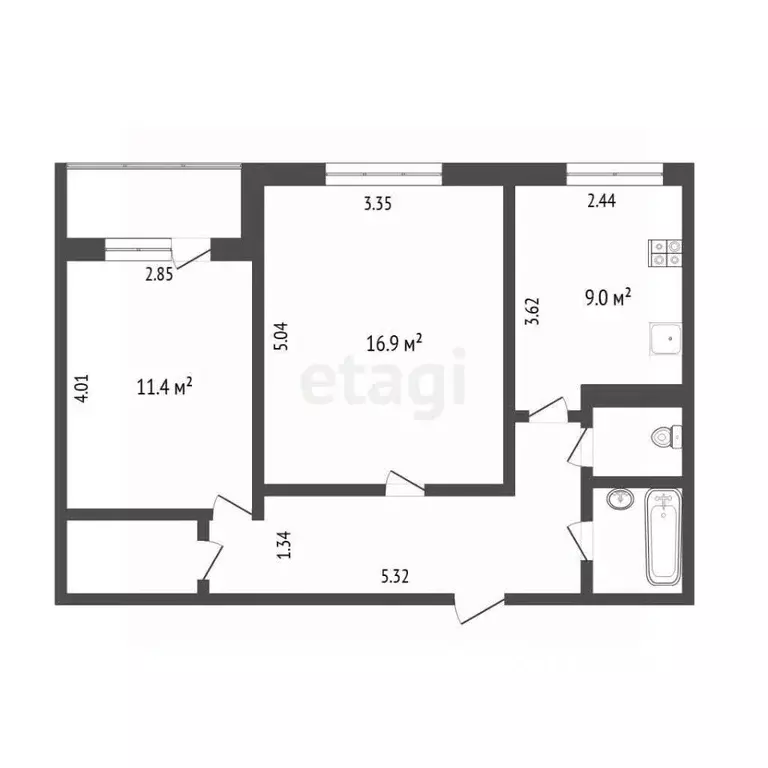 2-к кв. Тюменская область, Тюмень Олимпийская ул., 45 (50.6 м) - Фото 1