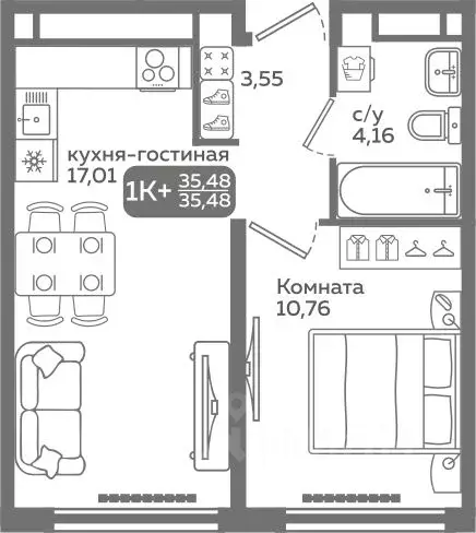 1-к кв. Тюменская область, Тюмень ул. Заполярная, 9/2 (35.48 м) - Фото 0