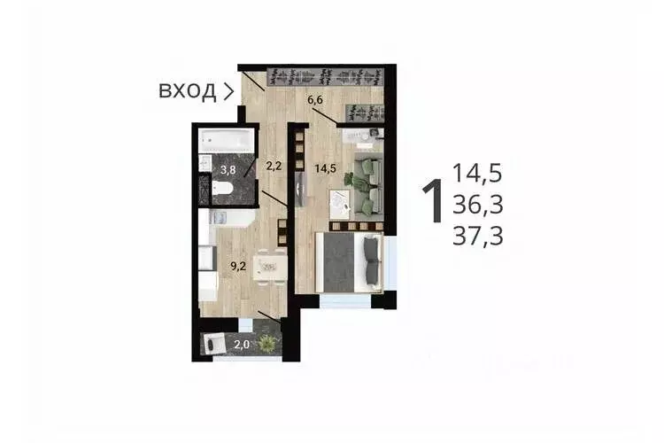 1-к кв. Воронежская область, Воронеж Цимлянская ул. (38.07 м) - Фото 1