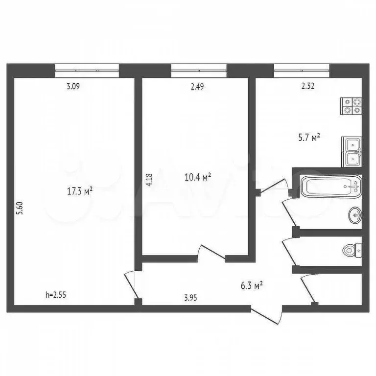2-к. квартира, 44,1 м, 1/5 эт. - Фото 0