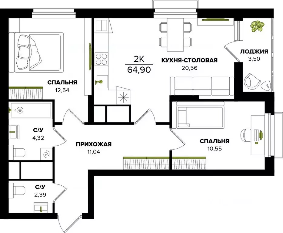 2-к кв. Тульская область, Тула  (64.9 м) - Фото 0