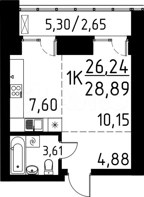 1-к. квартира, 28,9 м, 9/13 эт. - Фото 0