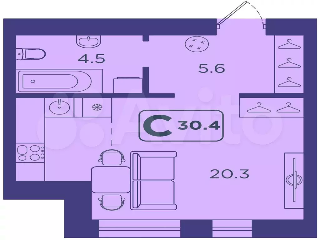 Квартира-студия, 30,4 м, 1/14 эт. - Фото 1