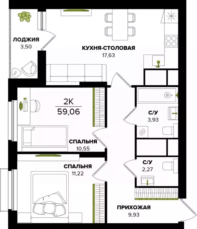 2-к кв. Тульская область, Тула  (59.06 м) - Фото 0