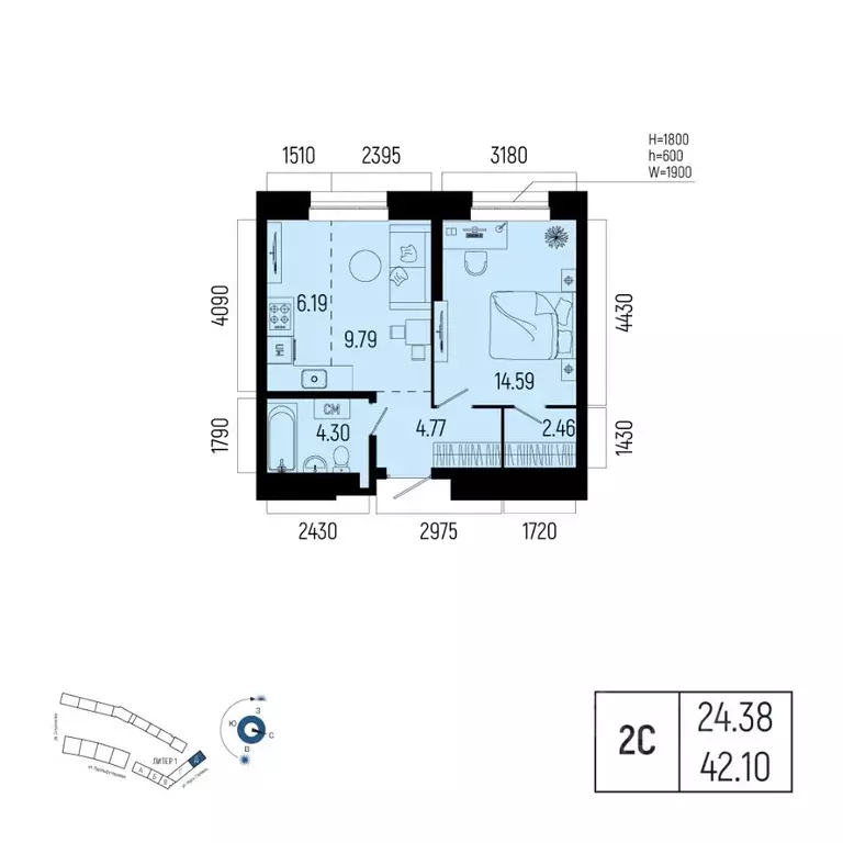 2-к кв. Башкортостан, Уфа Глумилино-1 мкр, Новатор жилой комплекс ... - Фото 1