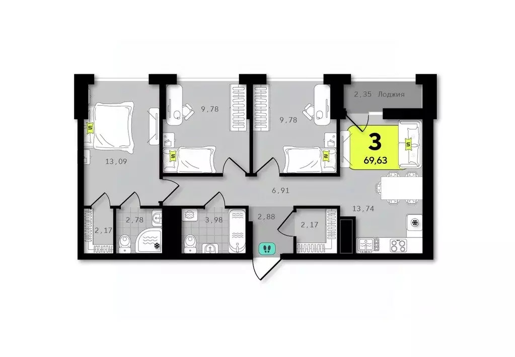 3-к кв. Тюменская область, Тюмень  (69.63 м) - Фото 1