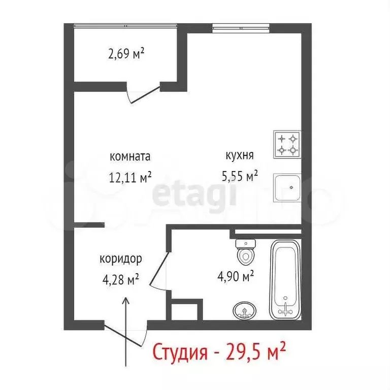 Квартира-студия, 29,5 м, 4/18 эт. - Фото 0