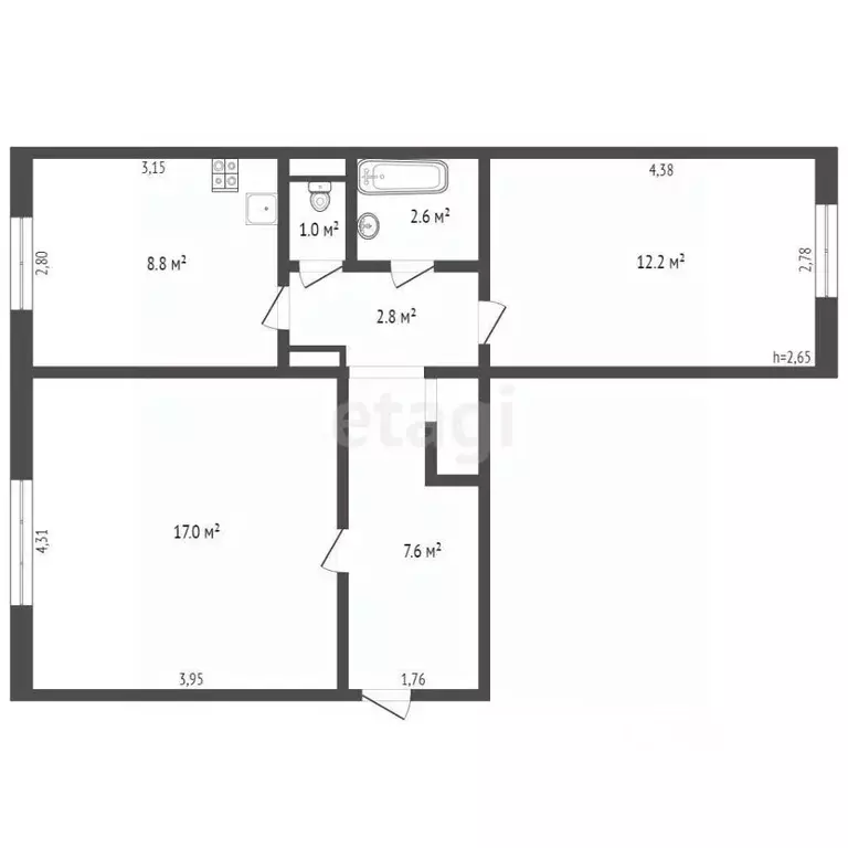 2-к кв. Кемеровская область, Прокопьевск ул. Есенина, 68 (52.0 м) - Фото 1