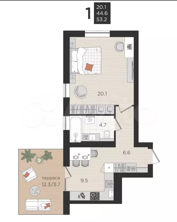 1-к. квартира, 44,6 м, 1/5 эт. - Фото 1