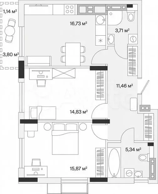 2-к. квартира, 69м, 7/7эт. - Фото 1