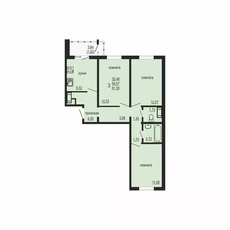 3-комнатная квартира: посёлок Западный, улица Дружбы, 6 (61.39 м) - Фото 1