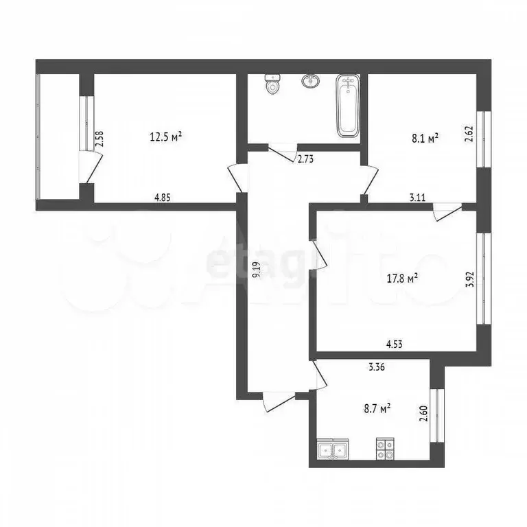 3-к. квартира, 60,6 м, 5/9 эт. - Фото 0