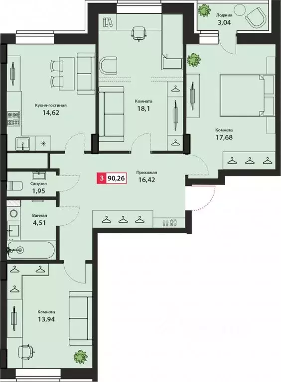 3-к кв. Тверская область, Тверь Брусилово мкр,  (90.26 м) - Фото 1