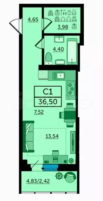 Квартира-студия, 36 м, 5/25 эт. - Фото 0