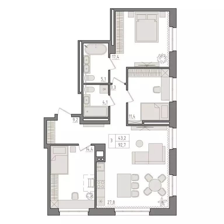 3-комнатная квартира: Уфа, ЖК Новый Империал, лит3/2ск3 (92.7 м) - Фото 1