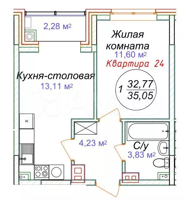 1-к. квартира, 35,1 м, 3/5 эт. - Фото 1