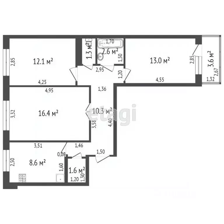 3-к кв. Башкортостан, Стерлитамак ул. Артема, 144 (66.2 м) - Фото 1