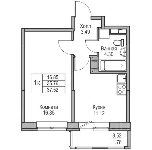 1-к кв. Санкт-Петербург ул. Ивинская, 1к4 (34.47 м) - Фото 1