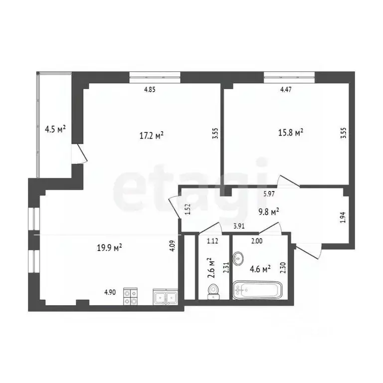 2-к кв. Тюменская область, Тюмень ул. Константина Посьета, 14 (70.0 м) - Фото 2