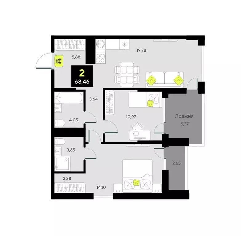 2-комнатная квартира: Тюмень, улица Разведчика Кузнецова, 7 (68.46 м) - Фото 0