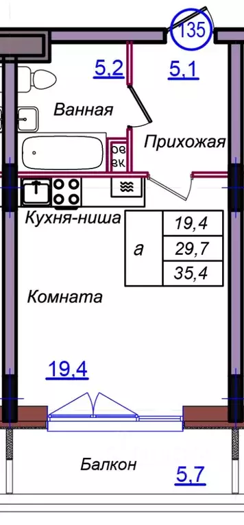 Студия Калининградская область, Светлогорск Балтийская ул. (35.4 м) - Фото 1