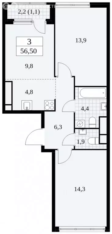 3-комнатная квартира: Москва, Бартеневская улица, 16 (56.5 м) - Фото 0