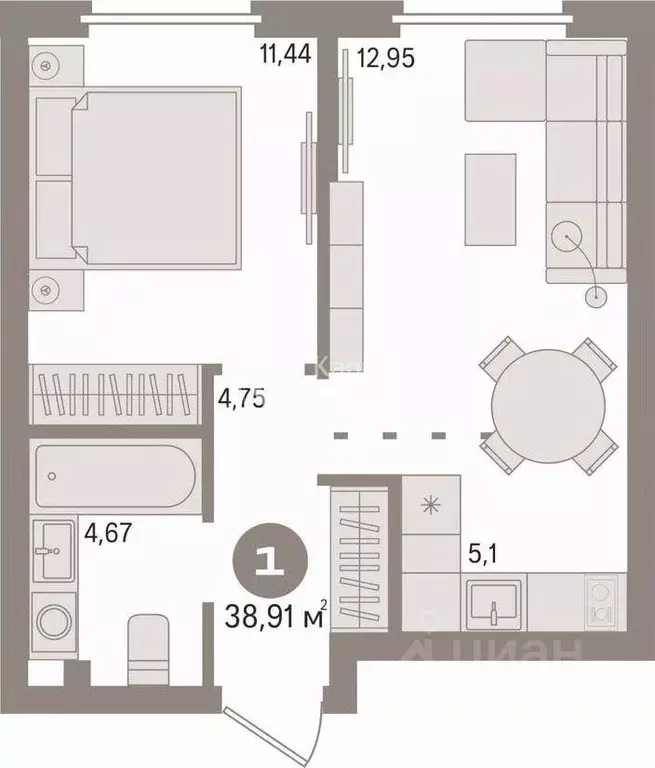 1-к кв. Тюменская область, Тюмень Харьковская ул., 72А (39.0 м) - Фото 0