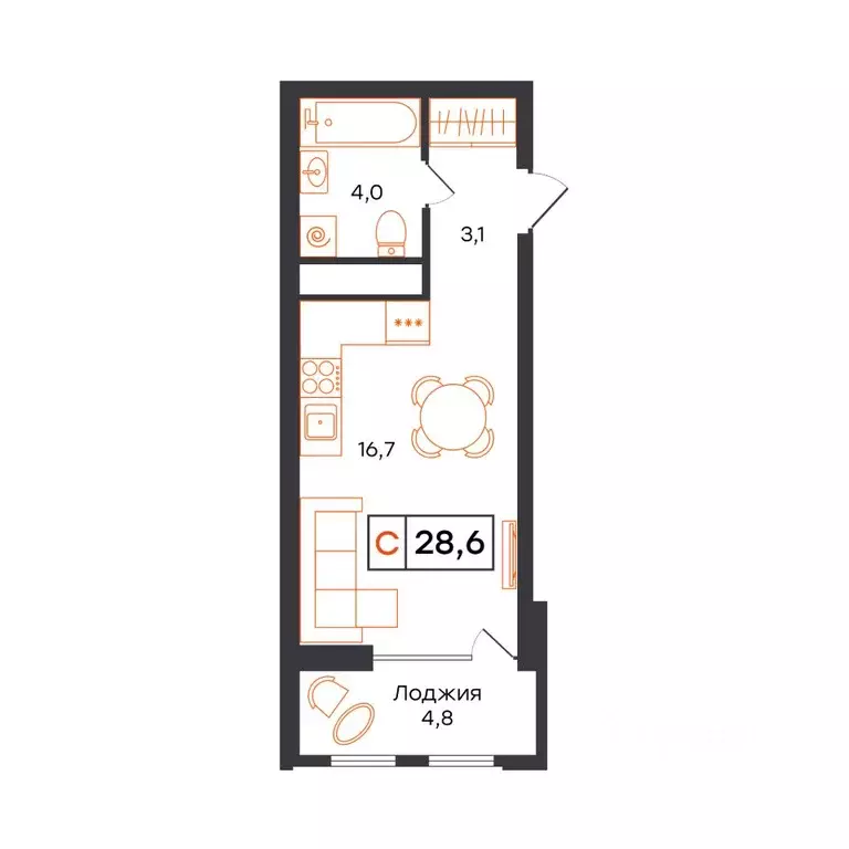 1-к кв. Тюменская область, Тюмень UNO жилой комплекс (28.6 м) - Фото 1