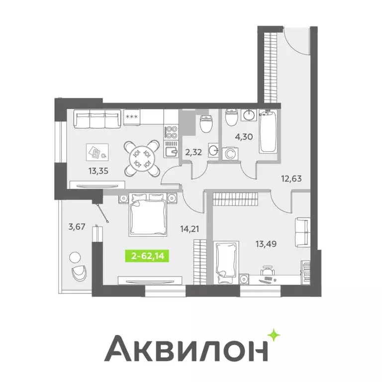 2-к кв. Санкт-Петербург бул. Александра Грина (62.14 м) - Фото 0