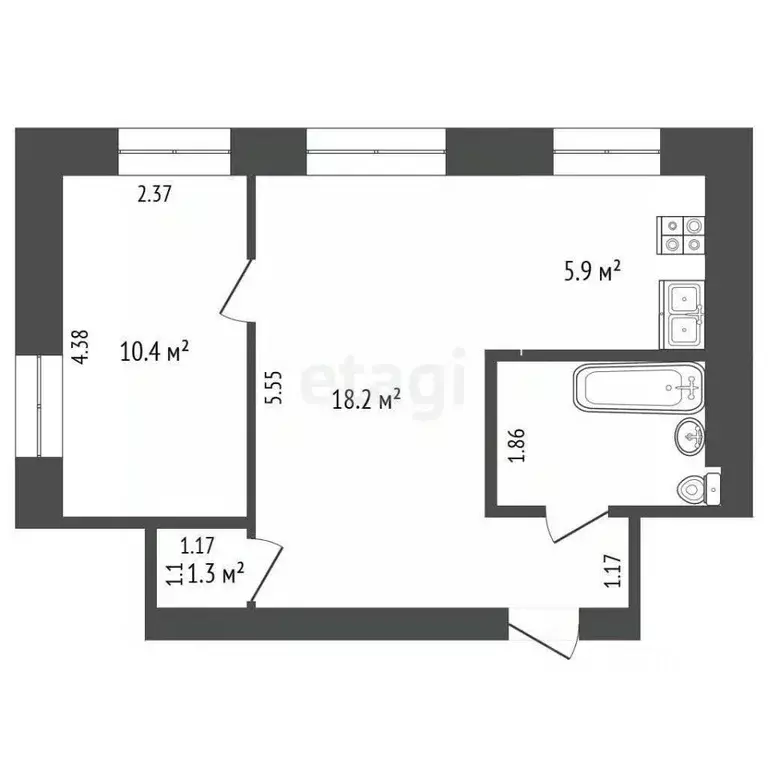 2-к кв. Татарстан, Альметьевск ул. Гагарина, 15 (41.0 м) - Фото 1