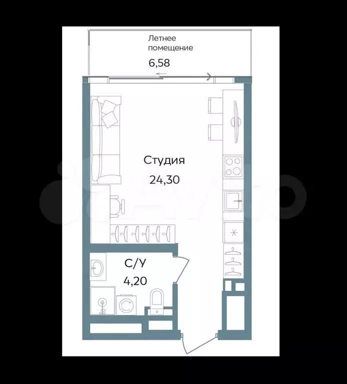 Апартаменты-студия, 29,3 м, 6/12 эт. - Фото 0