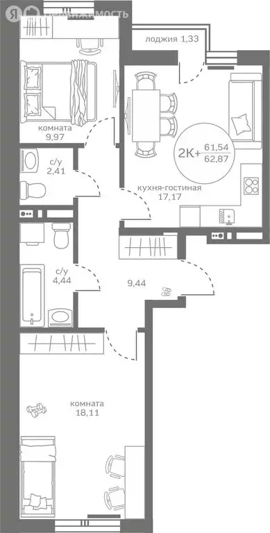 2-комнатная квартира: деревня Патрушева, улица Петра Ершова, 8 (61.54 ... - Фото 0