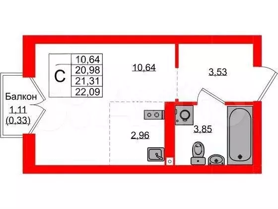 Квартира-студия, 21,3 м, 4/9 эт. - Фото 1