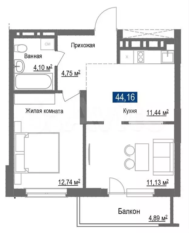 2-к. квартира, 44,2 м, 5/25 эт. - Фото 0