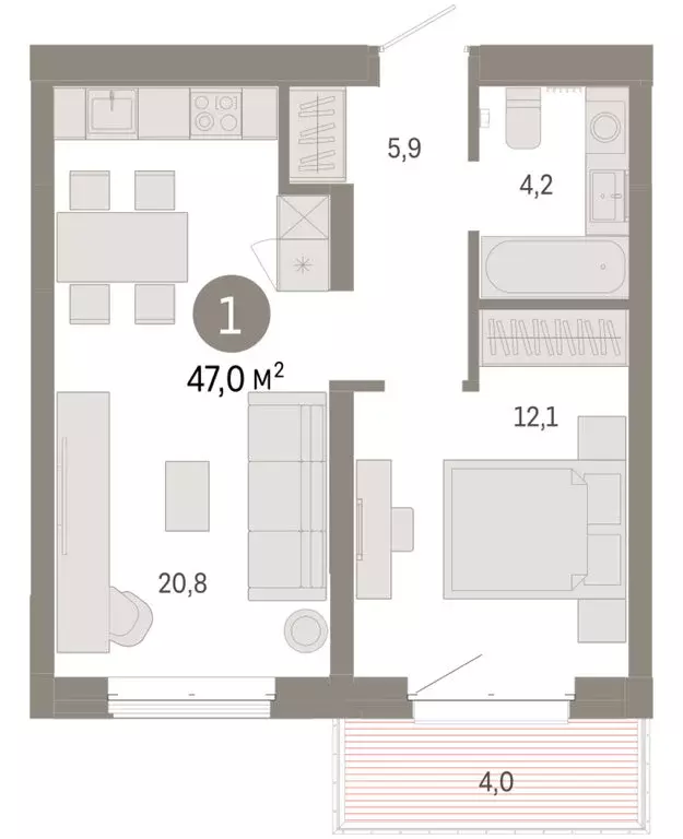 1-комнатная квартира: Тюмень, жилой комплекс На Минской (46.98 м) - Фото 2
