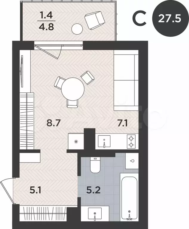 1-к. квартира, 27,5 м, 4/9 эт. - Фото 1